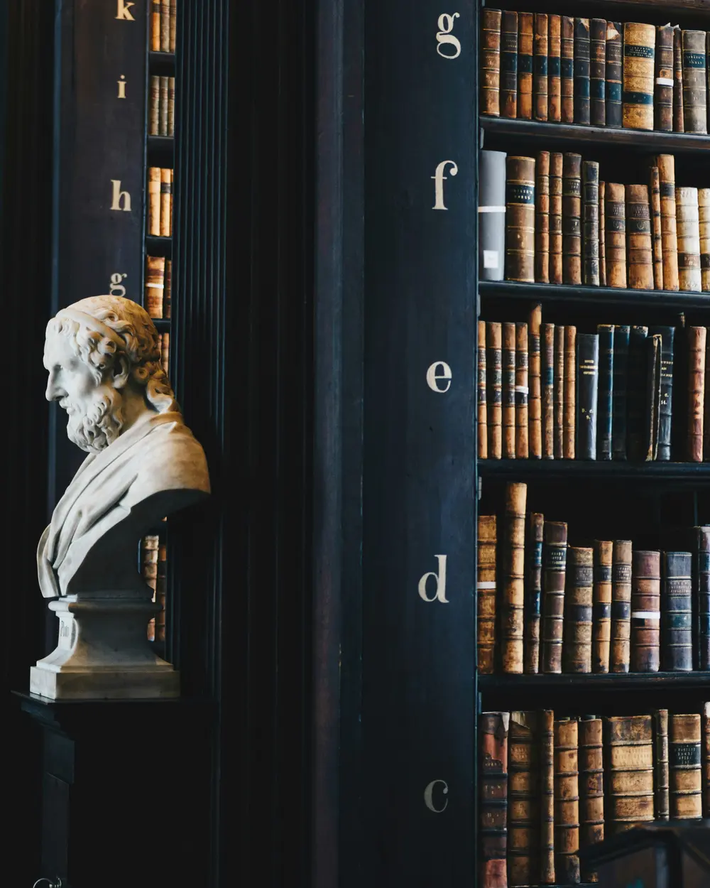 A classical bust beside shelves of antique leather-bound law volumes